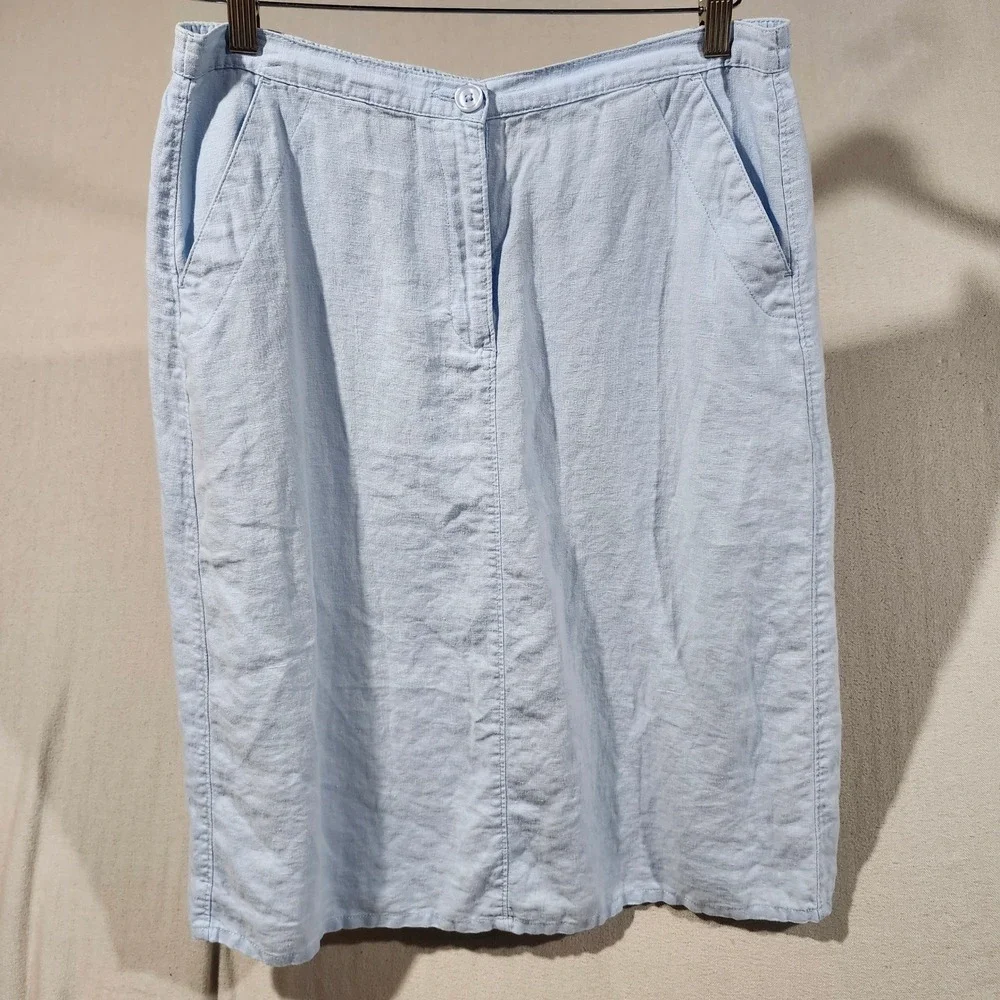 LL Bean Womens Light Blue 100% Linen Midi Skirt 10 Petite Elastic Back 0FXD7